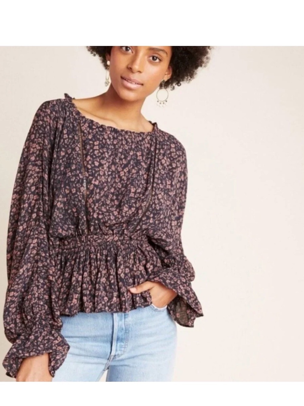 Anthropologie FLIRTY and Fun Dark Mauve and Black Floral Peplum Blouse